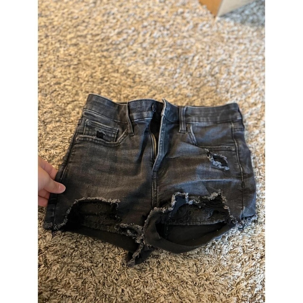 American Eagle Distressed Black Denim Shorts High Waisted Raw Hem Size 2